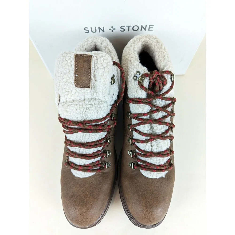 Sun Stone Glenn Winter Boots Mens 12 M Brown Faux Fur Trimmed Lace Up Shoes NWB